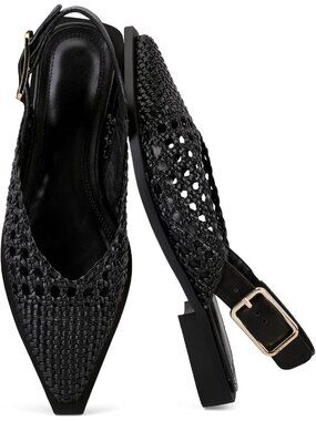 Women's Woven Black Closed Pointed Toe Slip On Style Office Wear Flat Mule Shoes